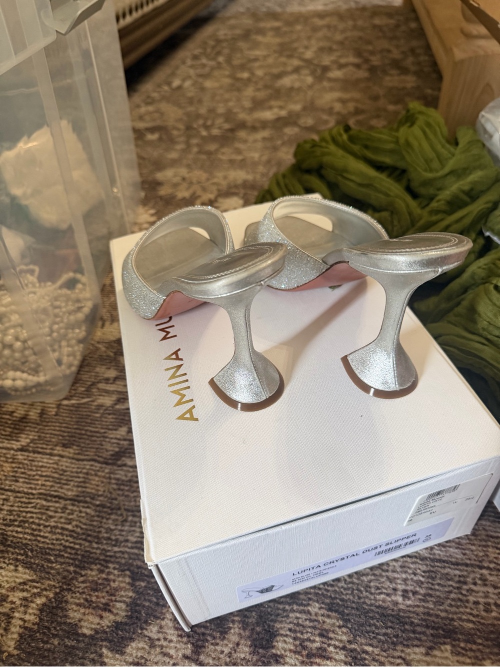 Amina Muaddi Silver Glitter Lupta Crystal Mules